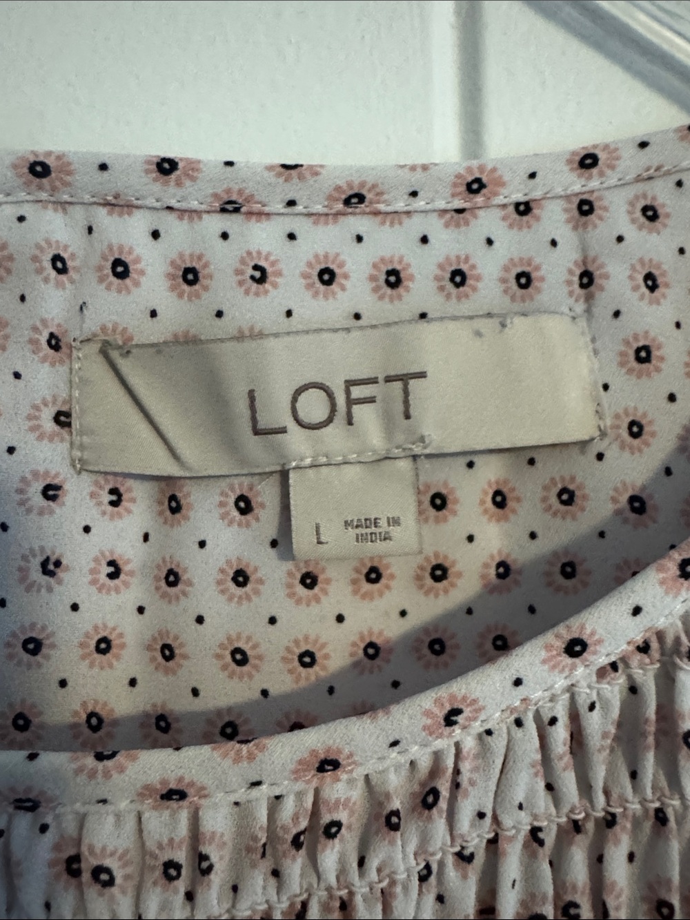 LOFT Light Gray Dotted and pink  Smocked-Yoke Long Sleeve Blouse - Picture 2 of 6